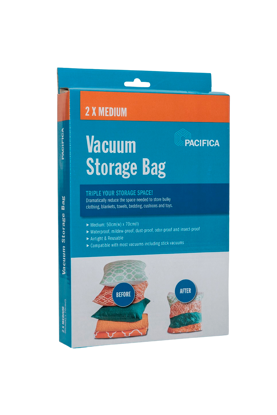 Blue product box with organise accents to highlight the size difference from other products in the same category, along with product specification text.